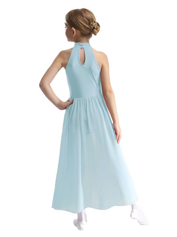 Kids Girls Sleeveless Colorblock Side Slit Chiffon Maxi Dress for Lyrical Dance thumb