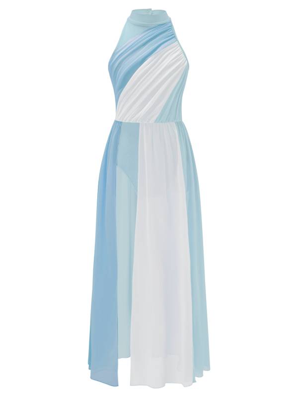 Kids Girls Sleeveless Colorblock Side Slit Chiffon Maxi Dress for Lyrical Dance thumb