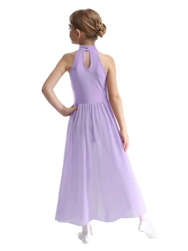 Kids Girls Sleeveless Colorblock Side Slit Chiffon Maxi Dress for Lyrical Dance thumb