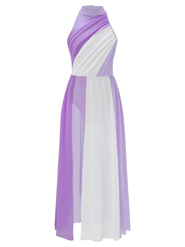 Kids Girls Sleeveless Colorblock Side Slit Chiffon Maxi Dress for Lyrical Dance thumb
