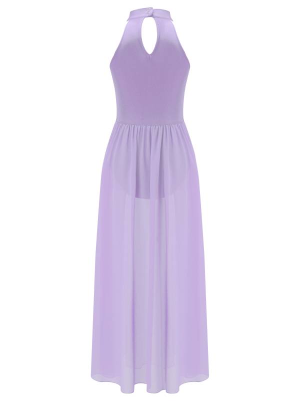 Kids Girls Sleeveless Colorblock Side Slit Chiffon Maxi Dress for Lyrical Dance thumb