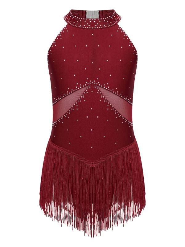 Kids Girls Glittery Rhinestones Halter Neck Tassel Figure Skating Leotard thumb