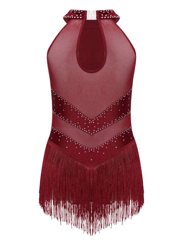 Kids Girls Glittery Rhinestones Halter Neck Tassel Figure Skating Leotard thumb