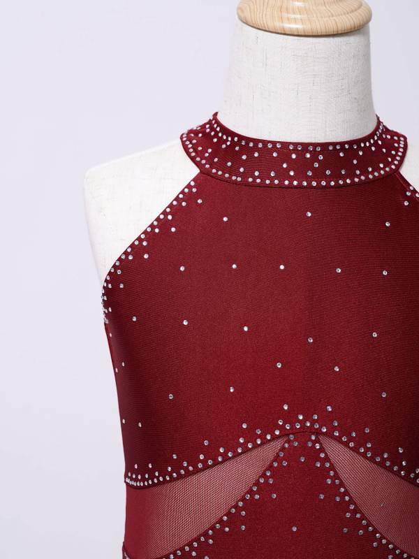 Kids Girls Glittery Rhinestones Halter Neck Tassel Figure Skating Leotard thumb