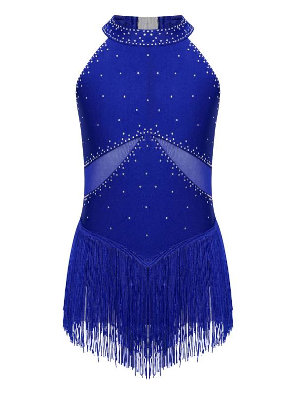 Kids Girls Glittery Rhinestones Halter Neck Tassel Figure Skating Leotard thumb