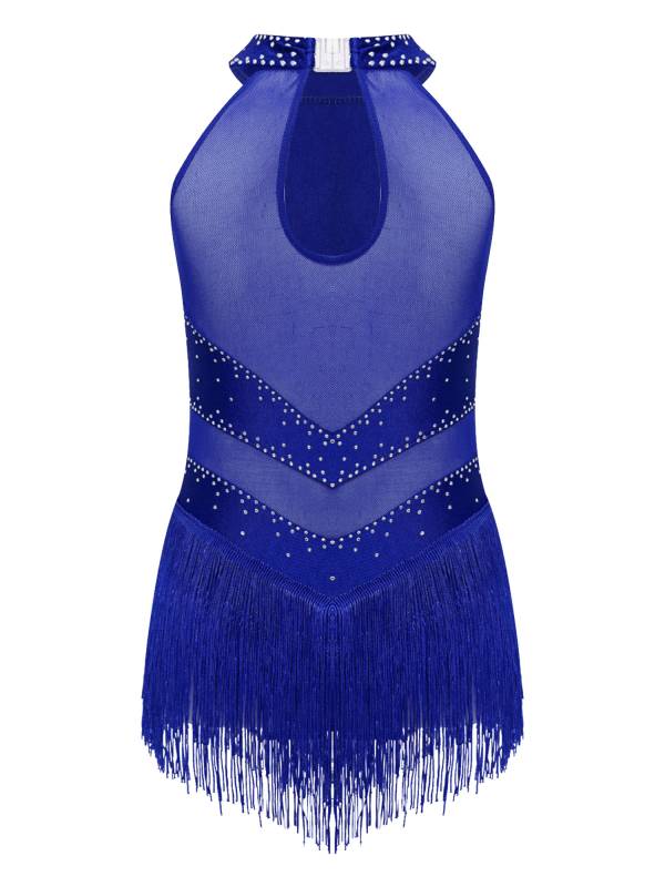 Kids Girls Glittery Rhinestones Halter Neck Tassel Figure Skating Leotard thumb