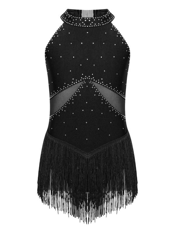 Kids Girls Glittery Rhinestones Halter Neck Tassel Figure Skating Leotard thumb