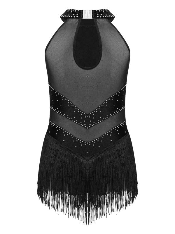Kids Girls Glittery Rhinestones Halter Neck Tassel Figure Skating Leotard thumb