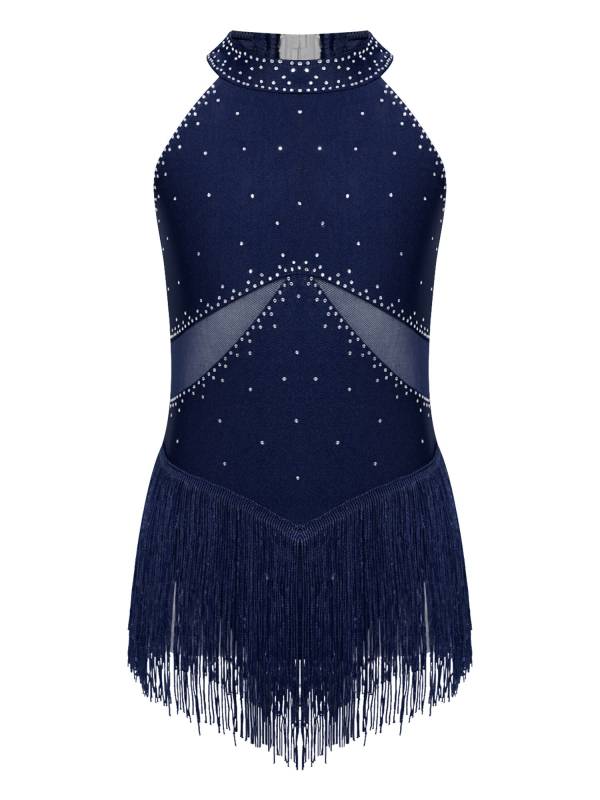Kids Girls Glittery Rhinestones Halter Neck Tassel Figure Skating Leotard thumb