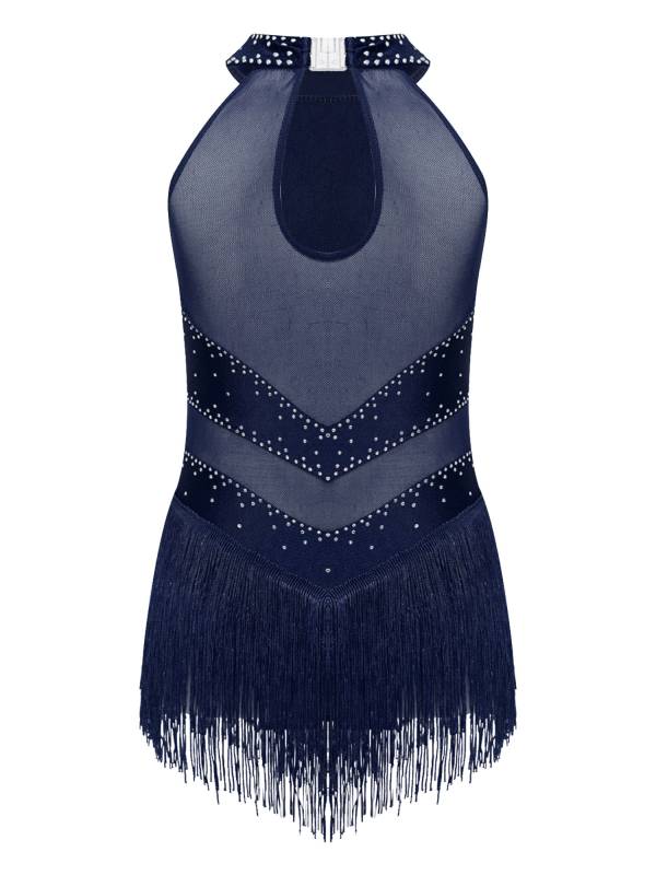 Kids Girls Glittery Rhinestones Halter Neck Tassel Figure Skating Leotard thumb
