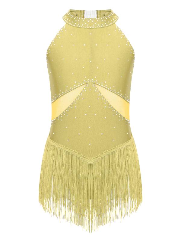 Kids Girls Glittery Rhinestones Halter Neck Tassel Figure Skating Leotard thumb
