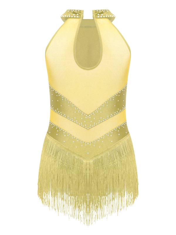 Kids Girls Glittery Rhinestones Halter Neck Tassel Figure Skating Leotard thumb