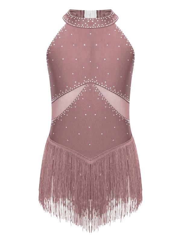 Kids Girls Glittery Rhinestones Halter Neck Tassel Figure Skating Leotard thumb