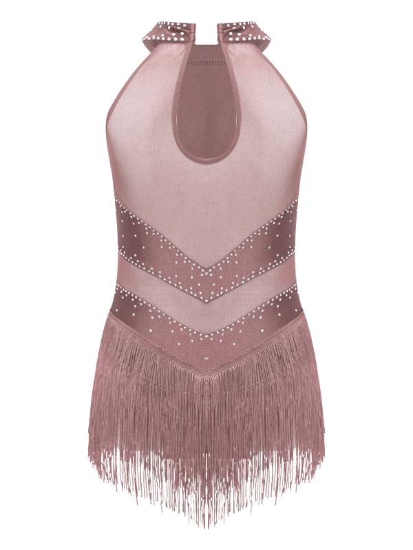 Kids Girls Glittery Rhinestones Halter Neck Tassel Figure Skating Leotard thumb