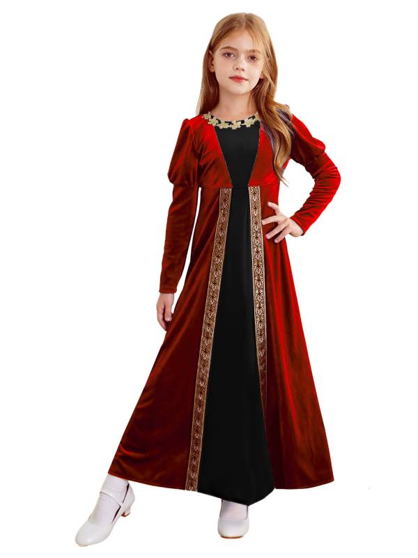 Kids Girls Medieval Renaissance Velvet Long Sleeve Flowers Retro Princess Dress thumb