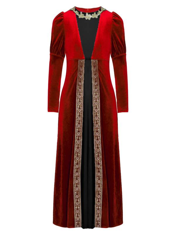 Kids Girls Medieval Renaissance Velvet Long Sleeve Flowers Retro Princess Dress thumb