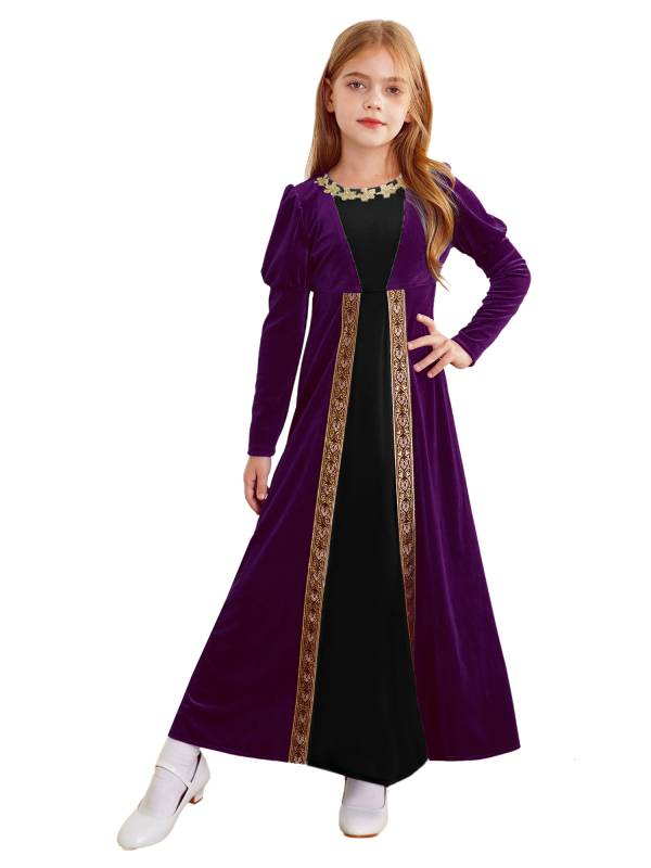 Kids Girls Medieval Renaissance Velvet Long Sleeve Flowers Retro Princess Dress thumb