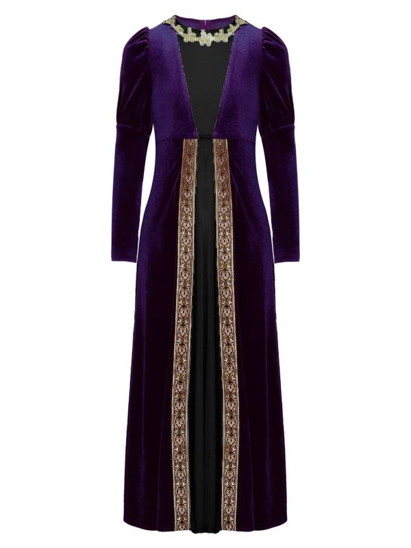 Kids Girls Medieval Renaissance Velvet Long Sleeve Flowers Retro Princess Dress thumb