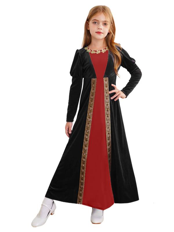 Kids Girls Medieval Renaissance Velvet Long Sleeve Flowers Retro Princess Dress thumb