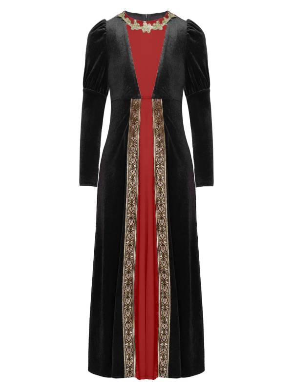 Kids Girls Medieval Renaissance Velvet Long Sleeve Flowers Retro Princess Dress thumb