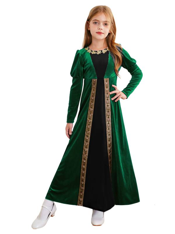 Kids Girls Medieval Renaissance Velvet Long Sleeve Flowers Retro Princess Dress thumb