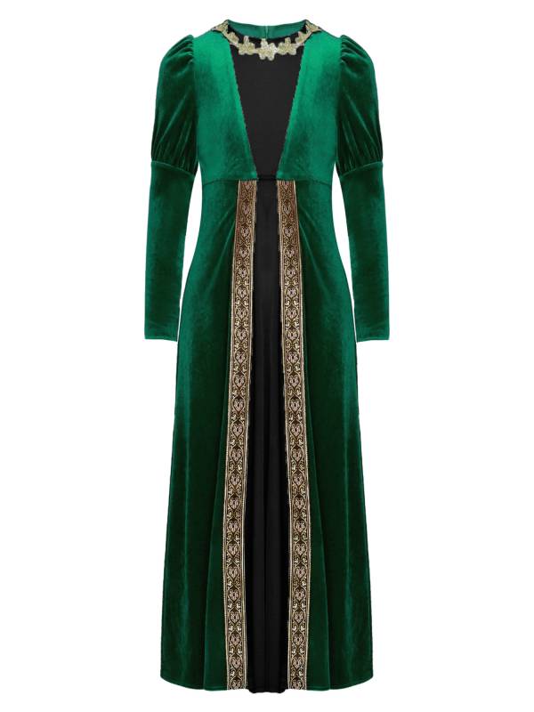 Kids Girls Medieval Renaissance Velvet Long Sleeve Flowers Retro Princess Dress thumb