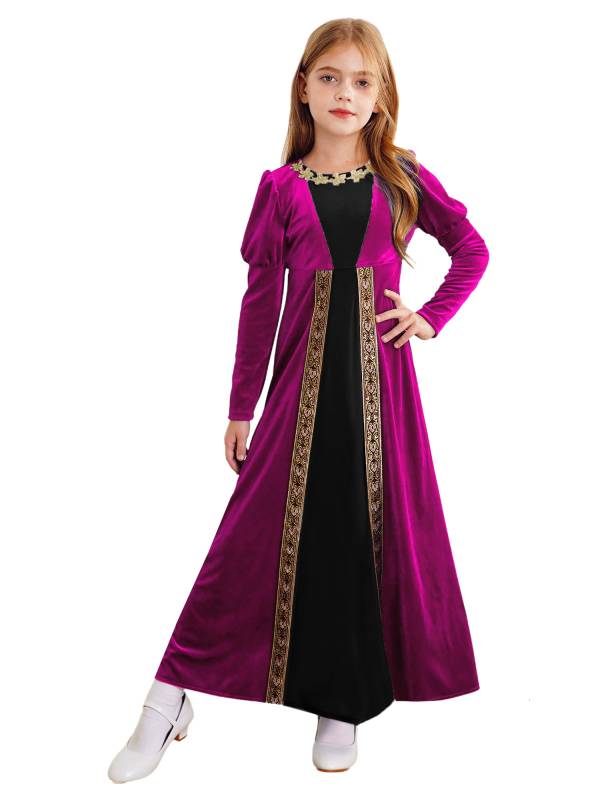 Kids Girls Medieval Renaissance Velvet Long Sleeve Flowers Retro Princess Dress thumb