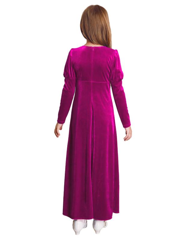 Kids Girls Medieval Renaissance Velvet Long Sleeve Flowers Retro Princess Dress thumb