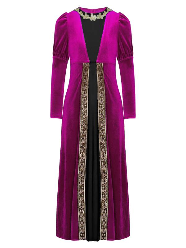 Kids Girls Medieval Renaissance Velvet Long Sleeve Flowers Retro Princess Dress thumb