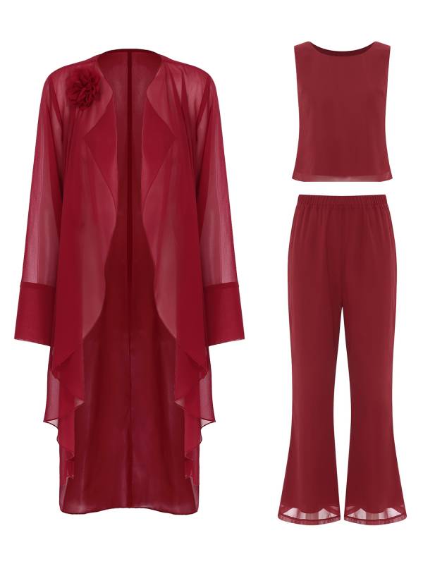 Women Chiffon 3pcs Suit Tank Top and Long Sleeve Cardigan Pants Set thumb