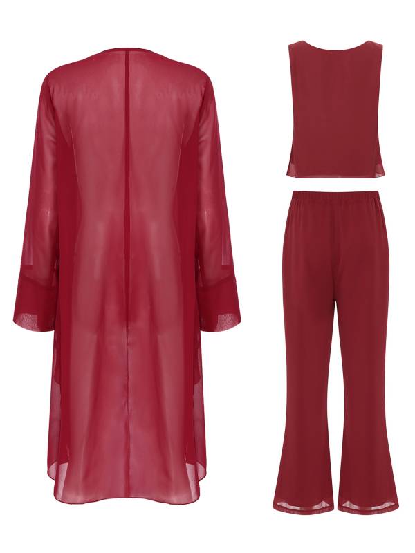 Women Chiffon 3pcs Suit Tank Top and Long Sleeve Cardigan Pants Set thumb