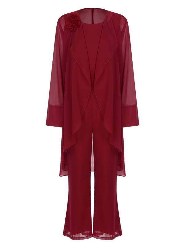 Women Chiffon 3pcs Suit Tank Top and Long Sleeve Cardigan Pants Set thumb