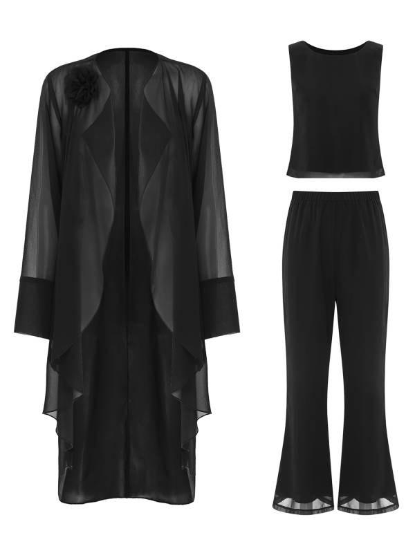 Women Chiffon 3pcs Suit Tank Top and Long Sleeve Cardigan Pants Set thumb