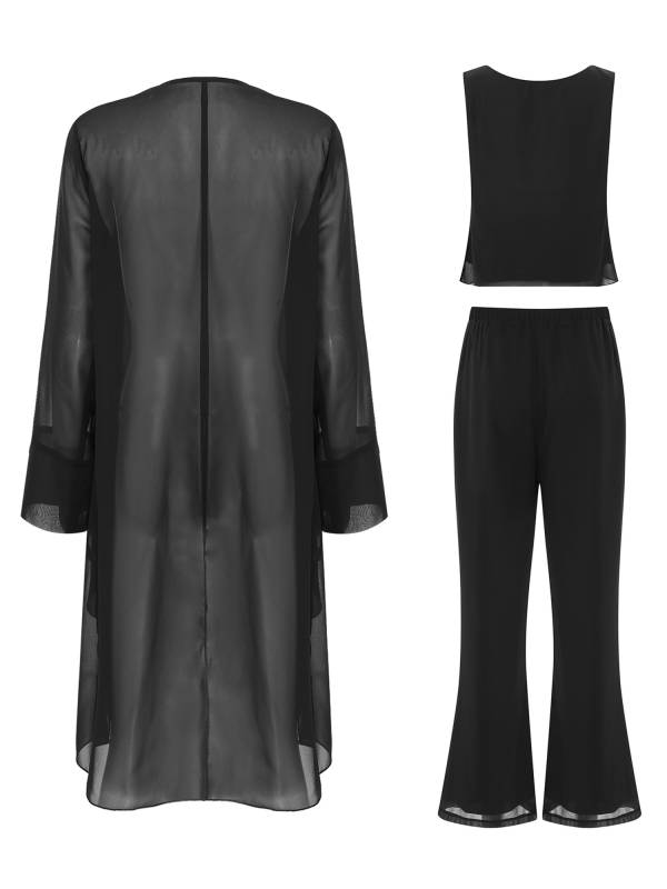 Women Chiffon 3pcs Suit Tank Top and Long Sleeve Cardigan Pants Set thumb