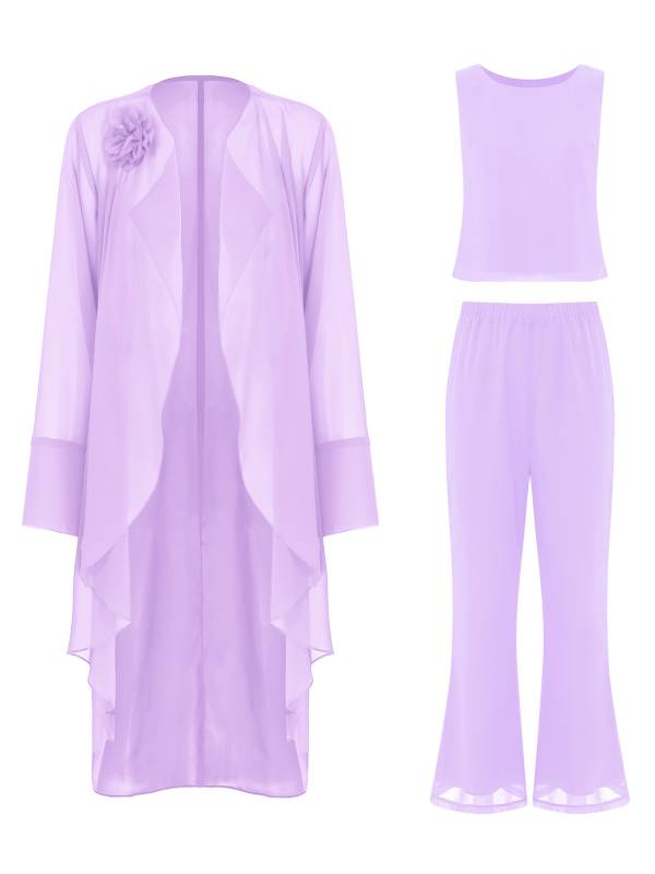 Women Chiffon 3pcs Suit Tank Top and Long Sleeve Cardigan Pants Set thumb
