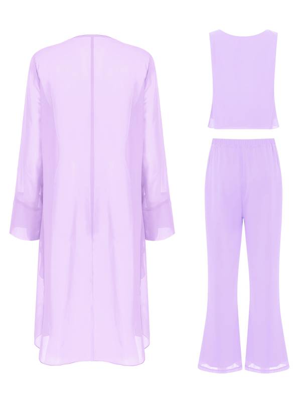 Women Chiffon 3pcs Suit Tank Top and Long Sleeve Cardigan Pants Set thumb