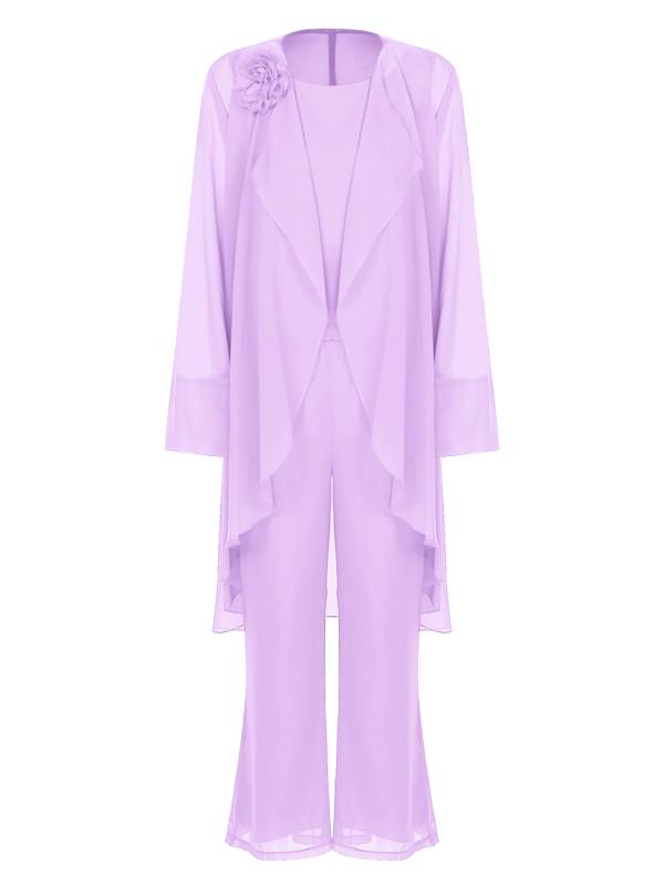 Women Chiffon 3pcs Suit Tank Top and Long Sleeve Cardigan Pants Set thumb