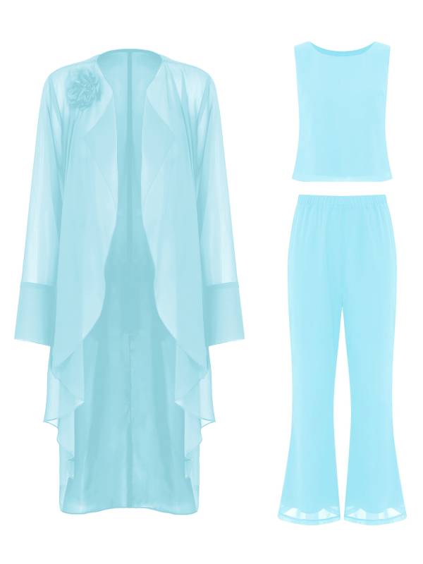 Women Chiffon 3pcs Suit Tank Top and Long Sleeve Cardigan Pants Set thumb