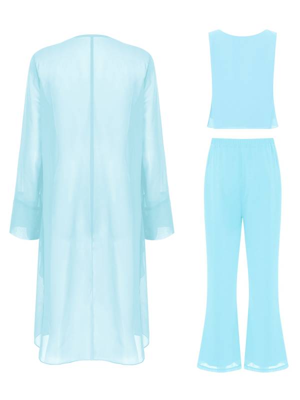 Women Chiffon 3pcs Suit Tank Top and Long Sleeve Cardigan Pants Set thumb