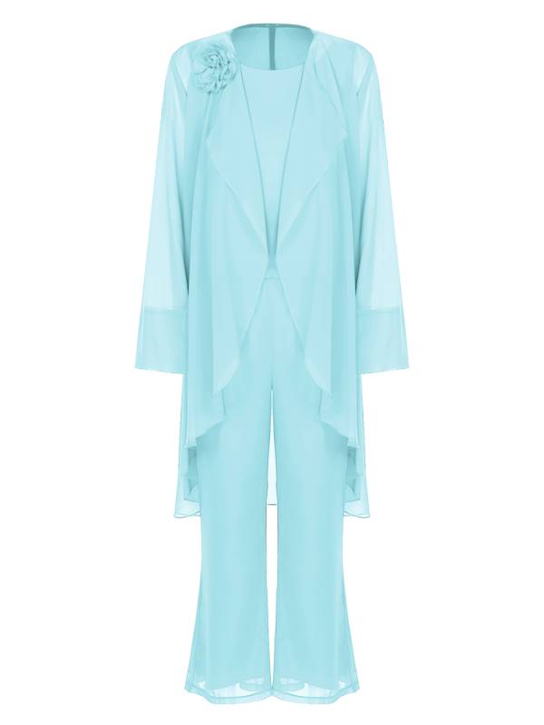 Women Chiffon 3pcs Suit Tank Top and Long Sleeve Cardigan Pants Set thumb