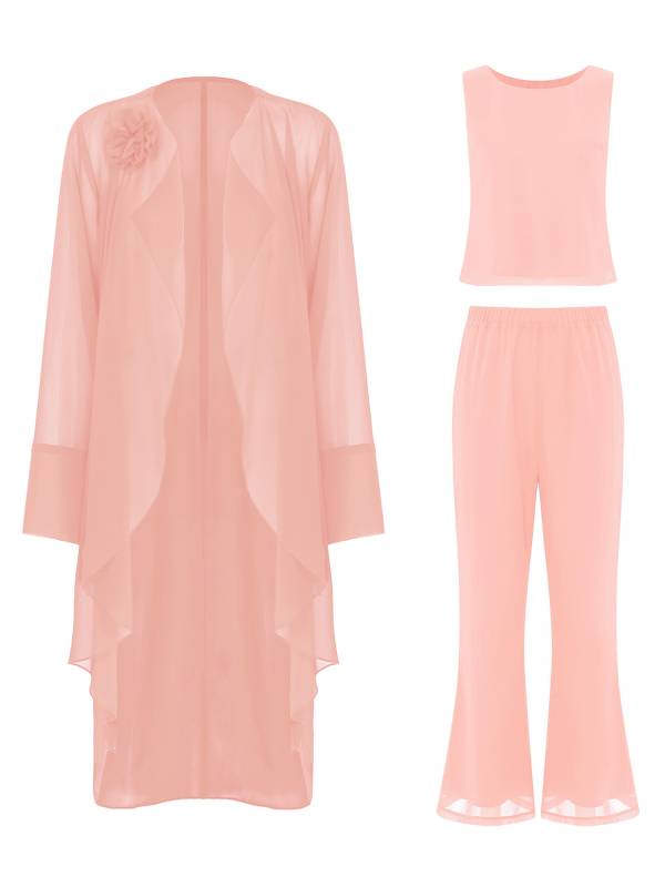 Women Chiffon 3pcs Suit Tank Top and Long Sleeve Cardigan Pants Set thumb