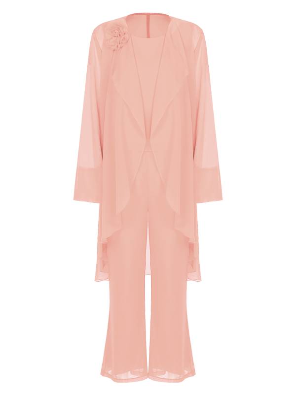 Women Chiffon 3pcs Suit Tank Top and Long Sleeve Cardigan Pants Set thumb