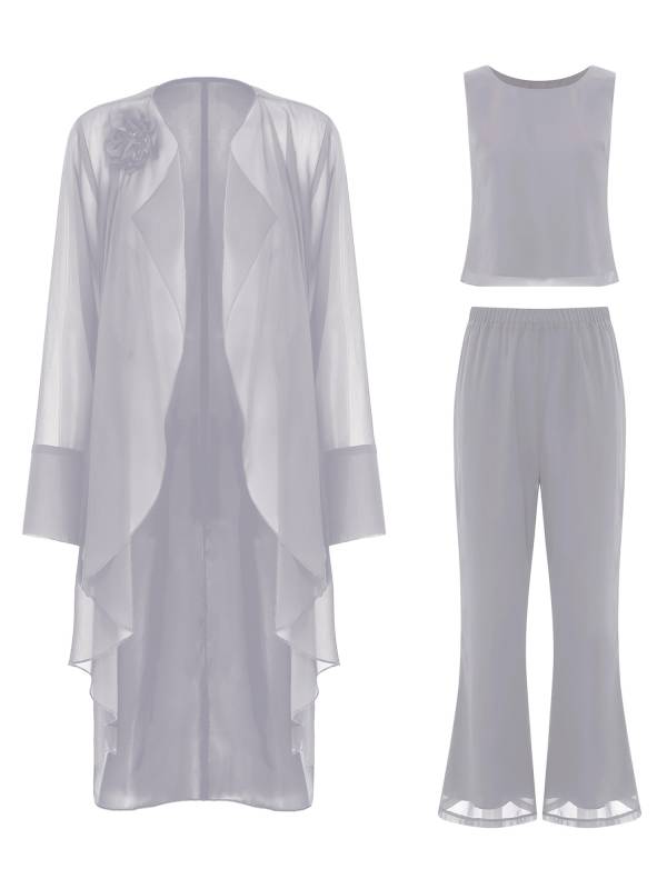 Women Chiffon 3pcs Suit Tank Top and Long Sleeve Cardigan Pants Set thumb