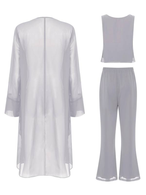 Women Chiffon 3pcs Suit Tank Top and Long Sleeve Cardigan Pants Set thumb