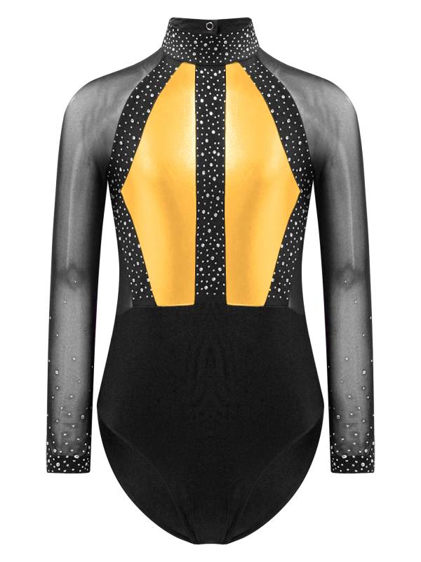 Kids Girls Shiny Rhinestones Color Block Mesh Long Sleeve Gymnastic Leotard thumb
