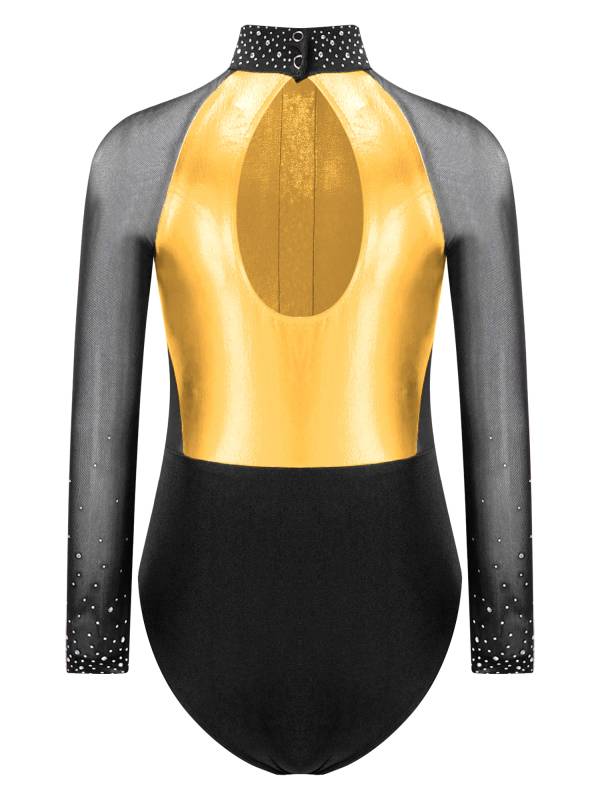 Kids Girls Shiny Rhinestones Color Block Mesh Long Sleeve Gymnastic Leotard thumb