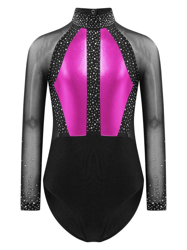 Kids Girls Shiny Rhinestones Color Block Mesh Long Sleeve Gymnastic Leotard thumb