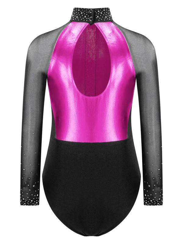 Kids Girls Shiny Rhinestones Color Block Mesh Long Sleeve Gymnastic Leotard thumb