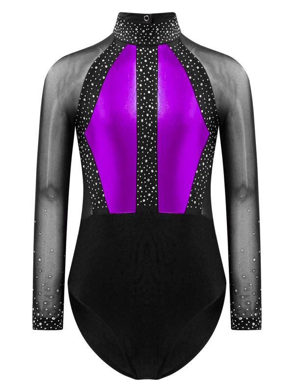 Kids Girls Shiny Rhinestones Color Block Mesh Long Sleeve Gymnastic Leotard thumb