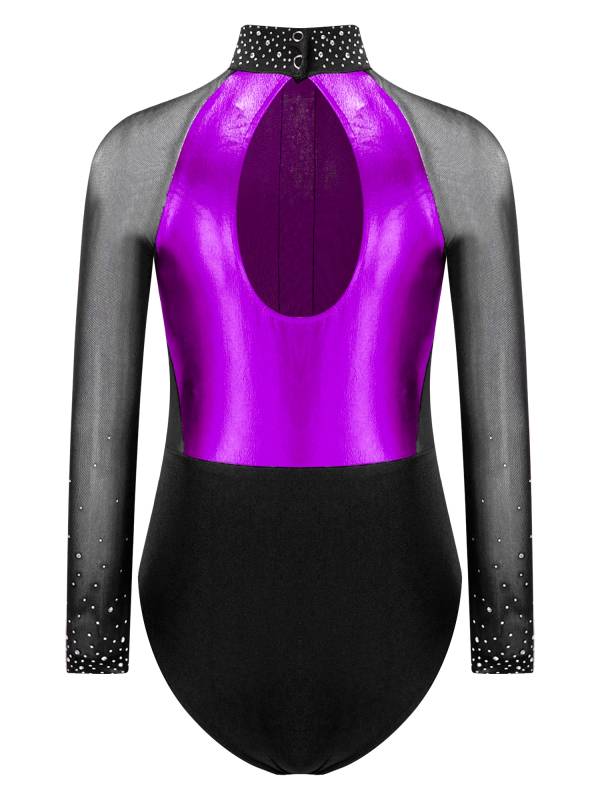 Kids Girls Shiny Rhinestones Color Block Mesh Long Sleeve Gymnastic Leotard thumb